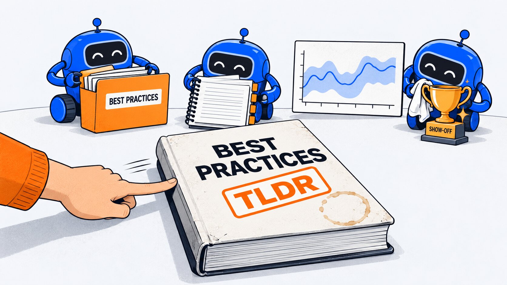 A hand in an orange sleeve pushes aside a thick book titled Best Practices, stamped TLDR, with a coffee ring on its cover. Behind it, three small blue robots have already done what it says: one holds a box of best practices, one a notebook of saved versions, one stands by a chart of a river's flow, and the last polishes a trophy labelled Show-off.